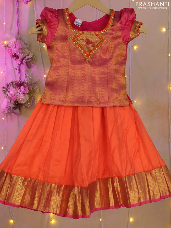 Silk kids lehenga pink and orange with zari woven brocade weaves & lace work neck pattern and zari woven border for 3-4 years