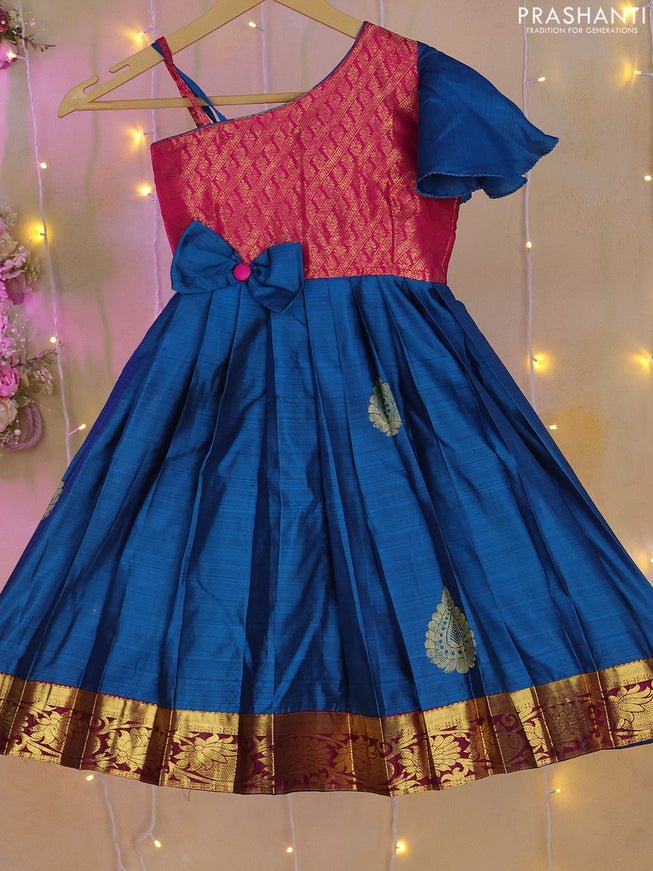 Silk kids frock pink and cs blue with zari woven brocade weaves and zari woven border for 3-4 years