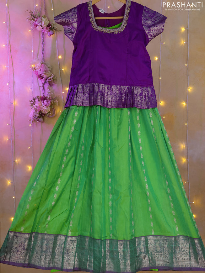 Silk kids lehenga purple and light green with aari work neck pattern and silver zari weaves & silver zari border for 9-10 years