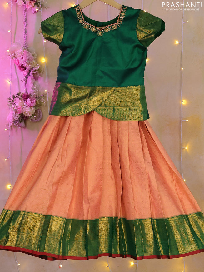 Silk kids lehenga green and peach orange with aari work neck pattern and zari woven border for 4-5 years