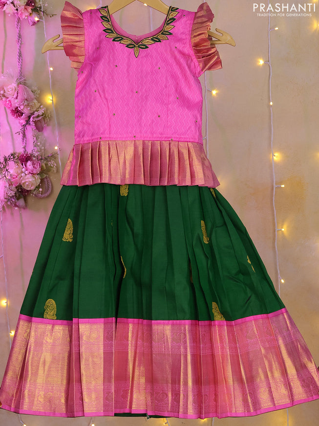 Silk kids lehenga candy pink and green with aari work neck pattern and zari buttas & zari border for 4-5 years