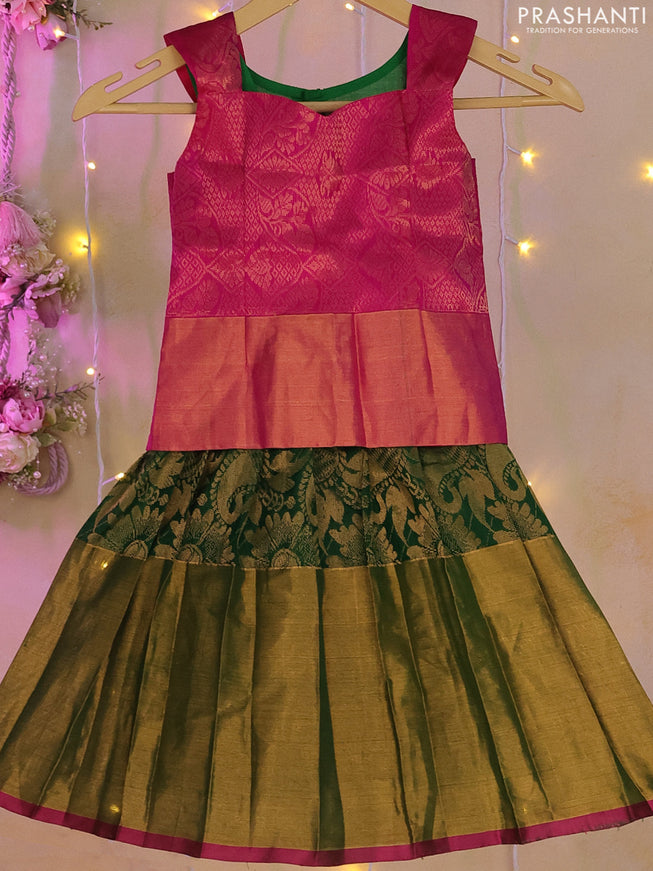 Silk kids lehenga pink and green with zari woven brocade weaves and zari woven border for 1-2 years