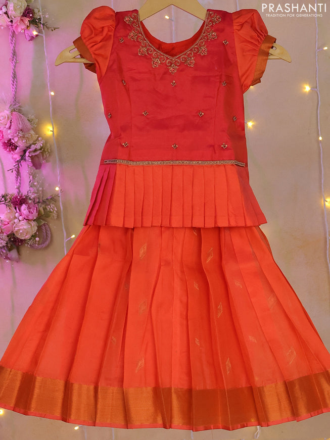 Silk kids lehenga orange with aari work neck pattern and zari buttas & zari border for 2-3 years