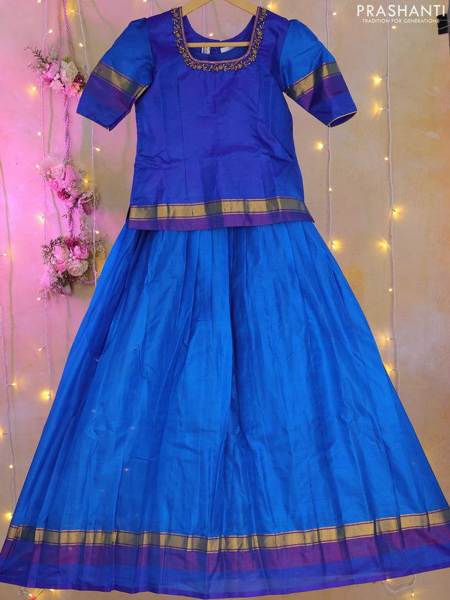 Silk kids lehenga blue with aari work neck pattern and zari woven simple border for 9-10 years