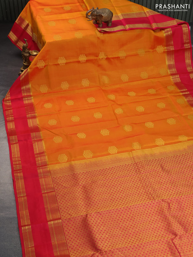 Pure kanchipuram silk saree dual shade of orange and pink with zari woven buttas and rettapet long zari woven border