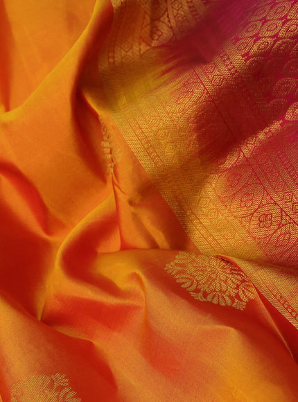 Pure kanchipuram silk saree dual shade of orange and pink with zari woven buttas and rettapet long zari woven border