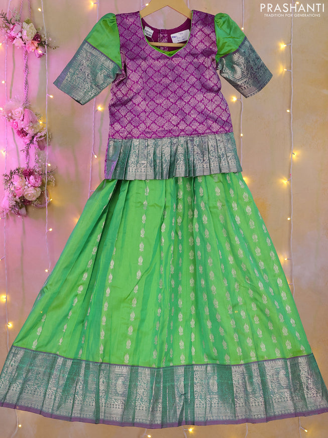 Silk kids lehenga purple and light green with silver zari woven brocade weaves and silver zari buttas & border for 6-7 years