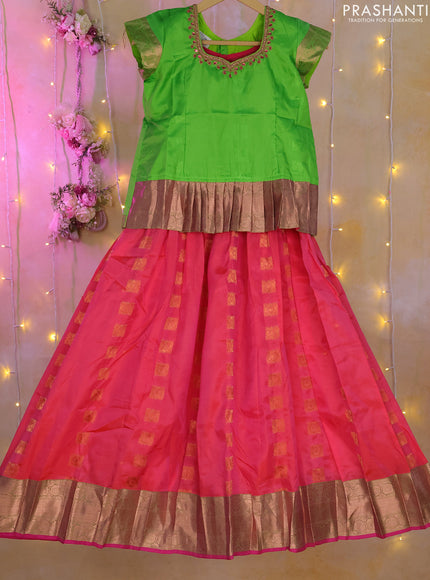 Silk kids lehenga light green and dual shade of pink with aari work neck pattern and copper zari buttas & border for 9-10 years