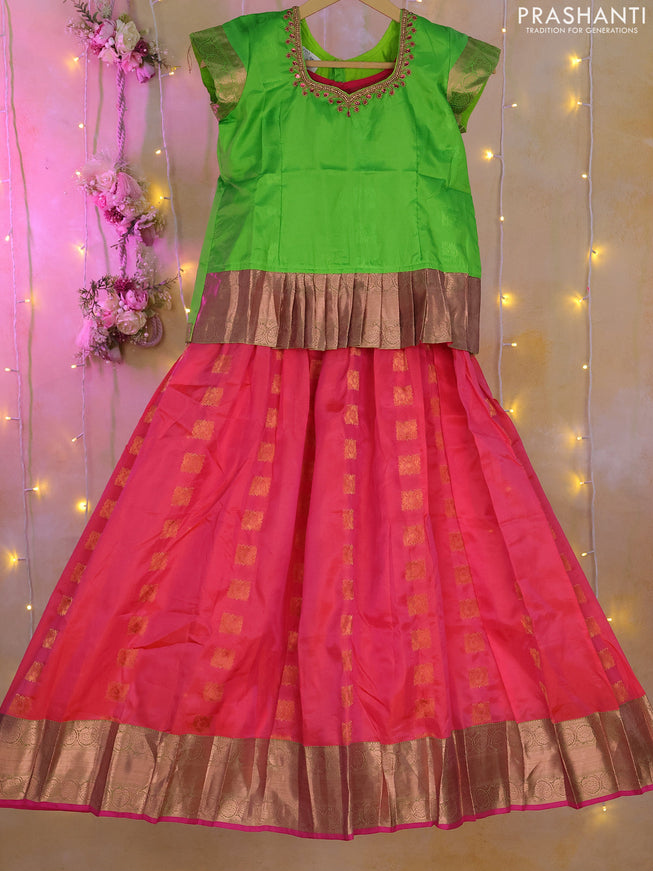 Silk kids lehenga light green and dual shade of pink with aari work neck pattern and copper zari buttas & border for 9-10 years