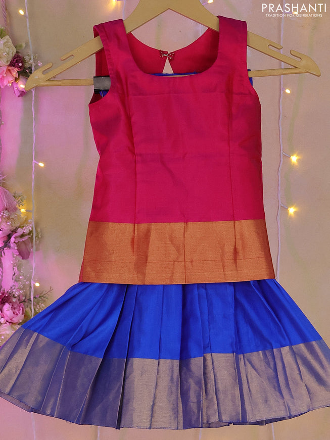 Silk kids lehenga pink and royal blue with plain body and zari woven border for 1-2 years