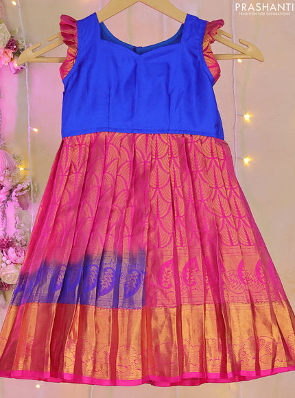 Silk kids frock royal blue and pink with zari weaves and zari woven border for 0-1 years