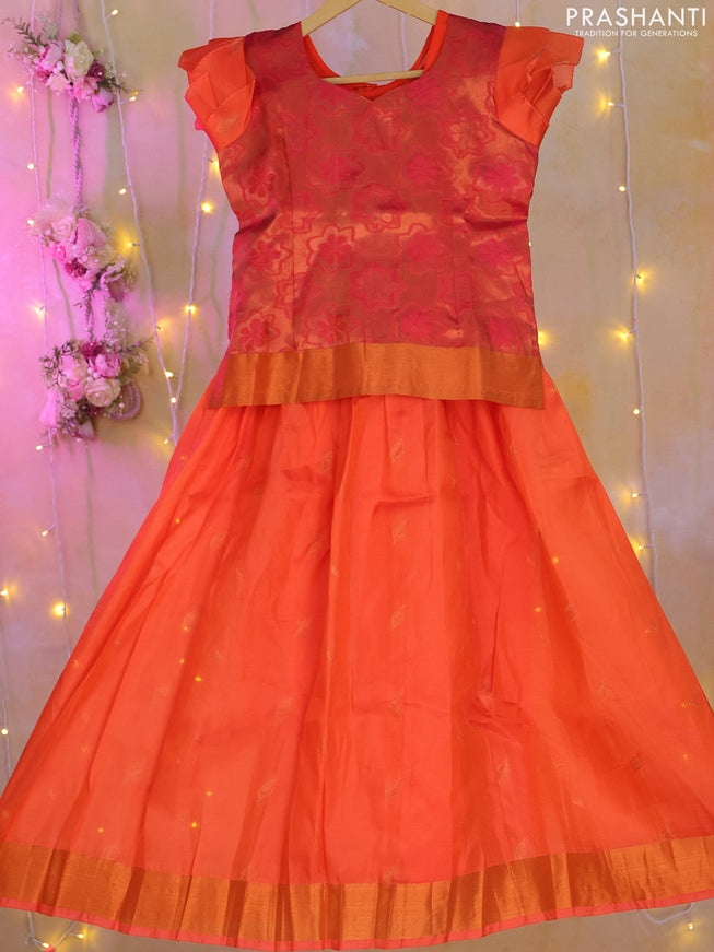 Silk kids lehenga dual shade of pinkish orange with zari woven brocade weaves and zari woven border for 8-9 years