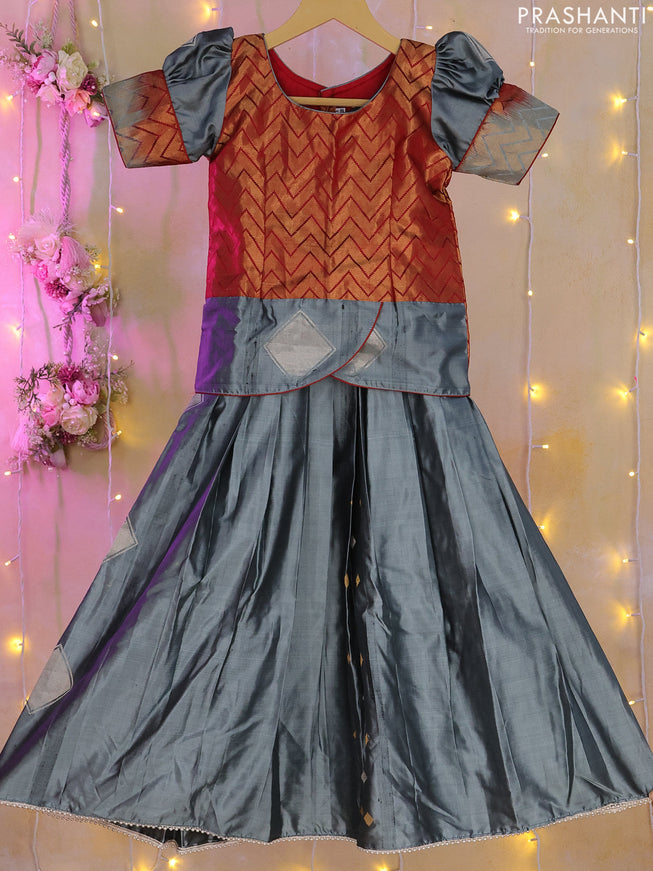 Silk kids lehenga grey and maroon with zari woven brocade weaves & puff sleeve and beaded work border for 5-6 years