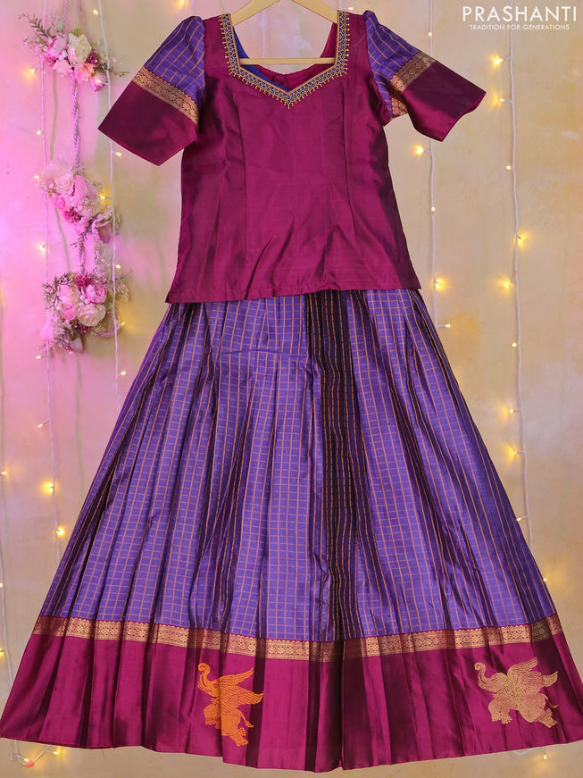 Silk kids lehenga purple and blue with aari work neck pattern and checked pattern & zari woven simple border for 8-9 years