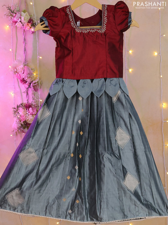 Silk kids lehenga maroon and grey with aari work neck pattern and beaded work border for 4-5 years