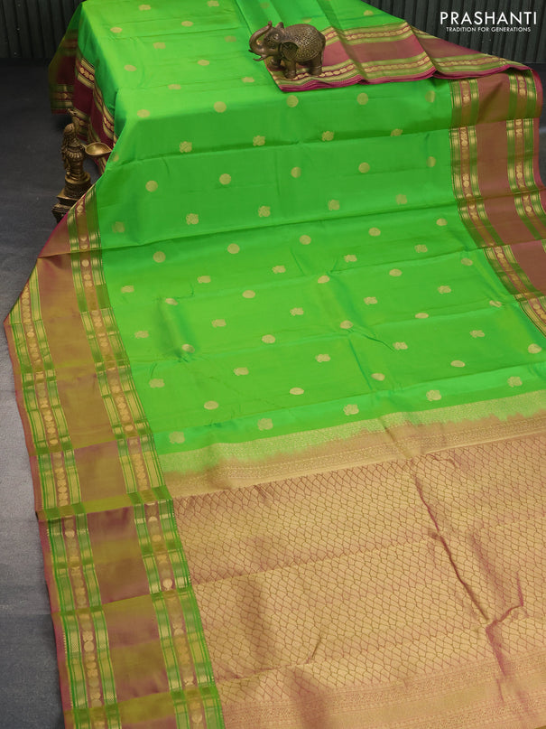 Pure kanchipuram silk saree parrot green and dual shade of pink with zari woven annam buttas and rettapet long zari woven border