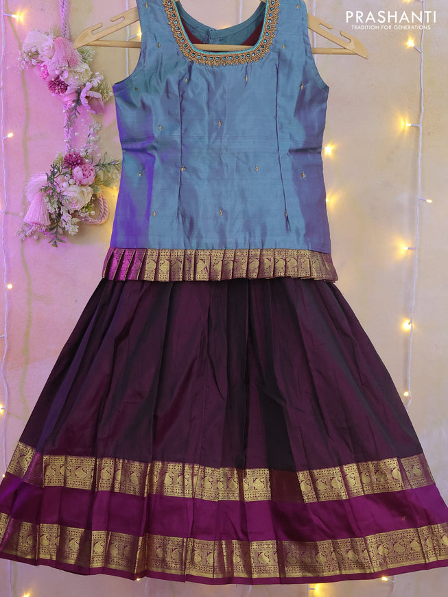 Silk kids lehenga dual shade of blue and wine shade with aari work neck pattern and rettapet zari woven border for 4-5 years