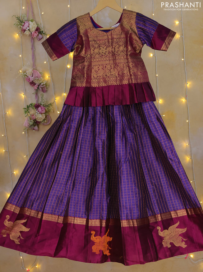 Silk kids lehenga deep purple and blue with zari woven brocade weaves and checked pattern & zari border for 7-8 years