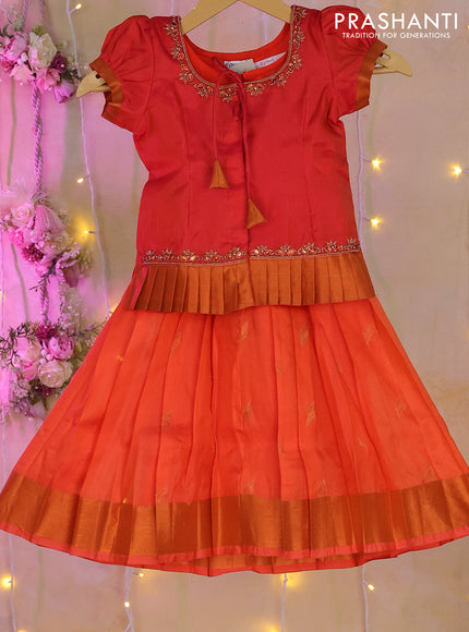 Silk kids lehenga orange with aari work neck pattern & puff sleeve and zari woven border for 1-2 years