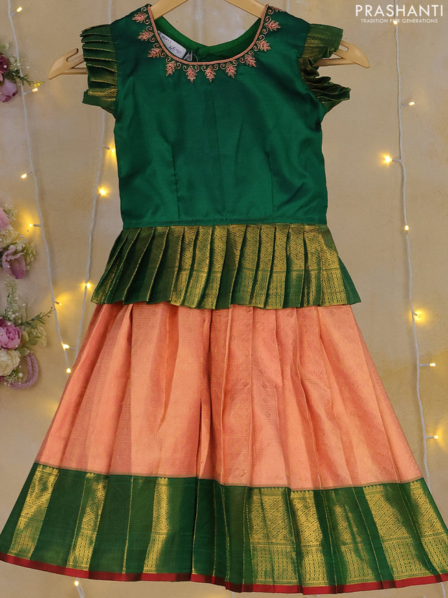 Silk kids lehenga green and peach orange with aari work neck pattern and zari weaves & zari border for 2-3 years