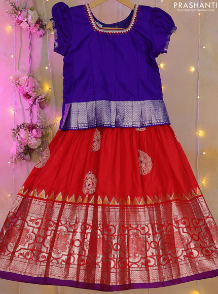 Silk kids lehenga royal blue and red with aari work neck pattern and long silver zari woven border for 5-6 years