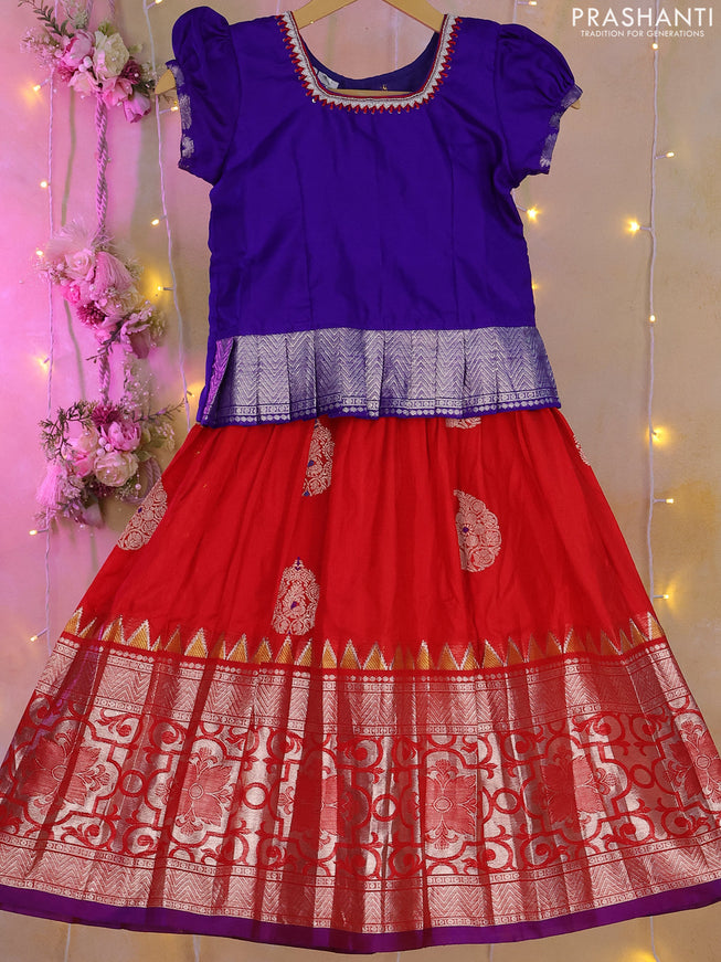 Silk kids lehenga royal blue and red with aari work neck pattern and long silver zari woven border for 5-6 years