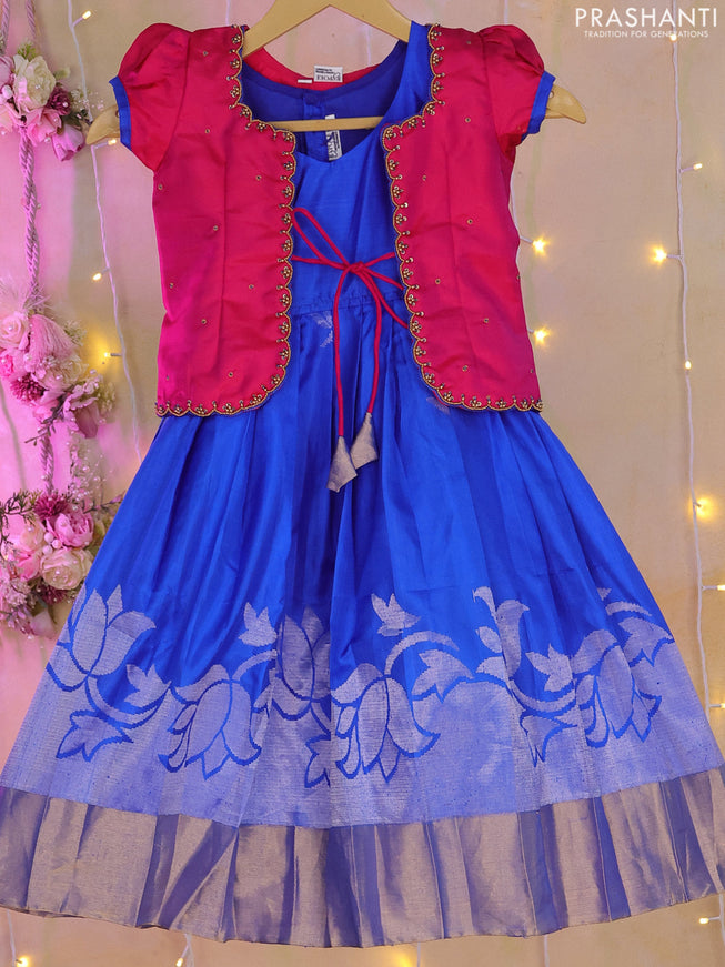 Silk kids lehenga pink and royal blue with aari work neck pattern and zari woven border for 1-2 years