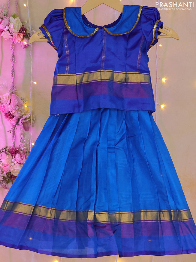 Silk kids lehenga dual shade of blue and cs blue with simple patch work neck pattern and zari woven simple border for 2-3 years