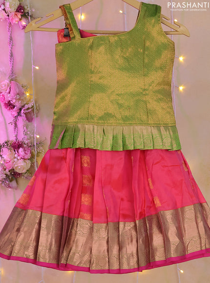 Silk kids lehenga green and dual shade of pink with zari woven brocade weaves and zari buttas & zari woven border for 3-4 years