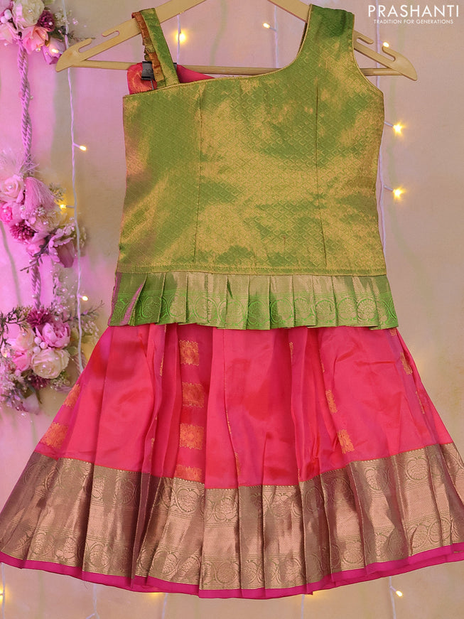 Silk kids lehenga green and dual shade of pink with zari woven brocade weaves and zari buttas & zari woven border for 3-4 years