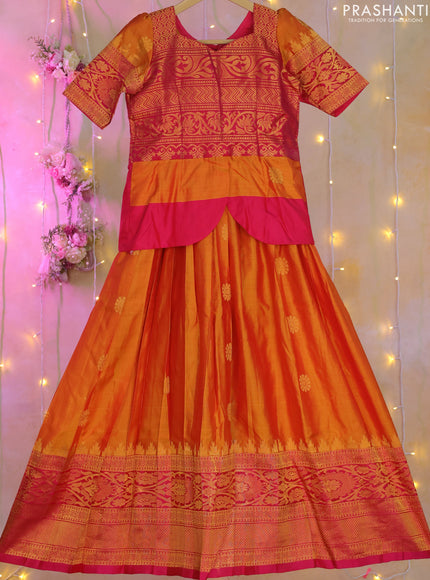 Silk kids lehenga pink and dual shade of mustard yellow with zari woven brocade weaves and zari buttas & long zari woven border for 8-9 years