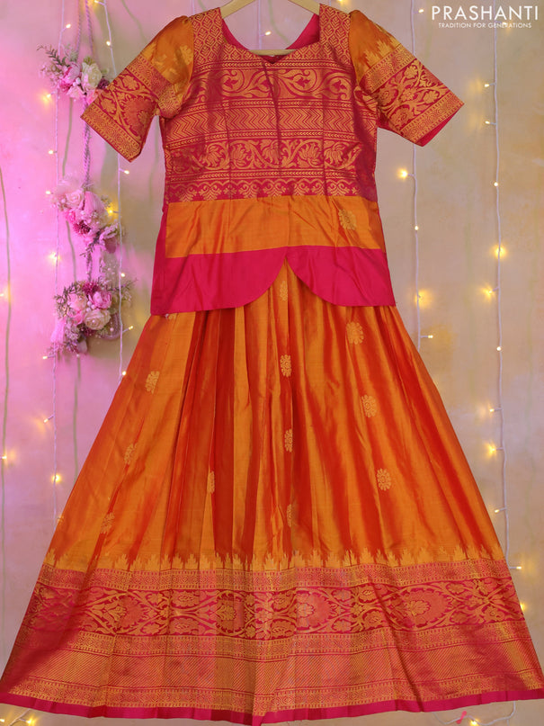 Silk kids lehenga pink and dual shade of mustard yellow with zari woven brocade weaves and zari buttas & long zari woven border for 8-9 years