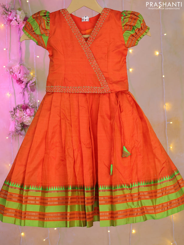 Silk kids lehenga orange with aari work neck pattern and temple design zari woven border for 1-2 years