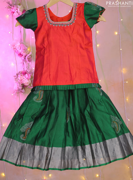 Silk kids lehenga dual shade of pinkish orange and green with aari work neck pattern and zari buttas & silver zari woven border for 2-3 years