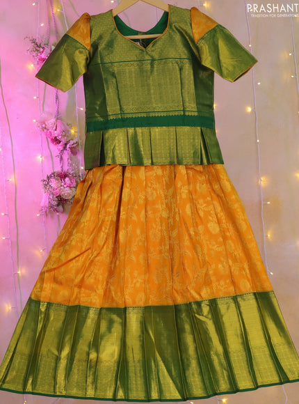 Silk kids lehenga green and mango yellow with zari woven brocade weaves and zari weaves & long zari border for 7-8 years