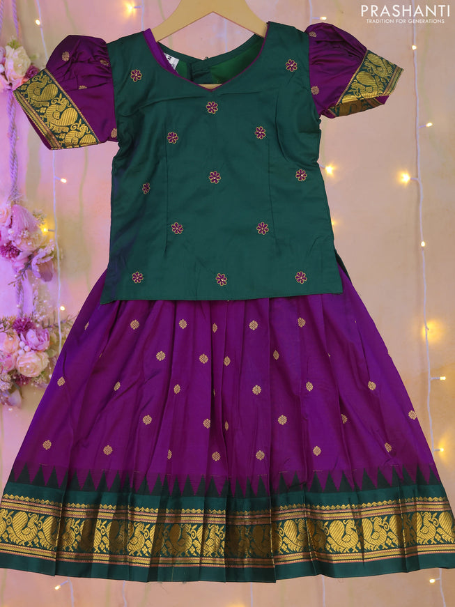 Silk kids lehenga dark green and purple with embroidery work buttas and zari buttas & temple design zari woven border for 1-2 years