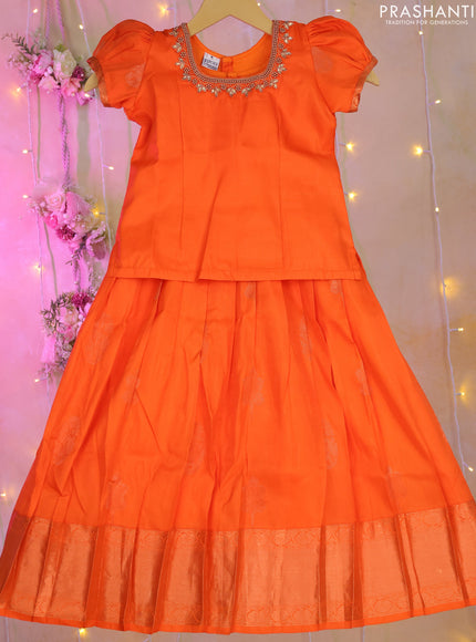 Silk kids lehenga orange with aari work neck pattern and zari buttas & zari woven border for 4-5 years