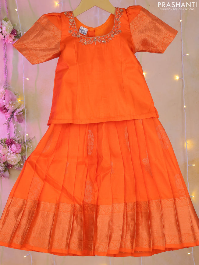 Silk kids lehenga orange with aari work neck pattern and zari buttas & zari woven border for 1-2 years