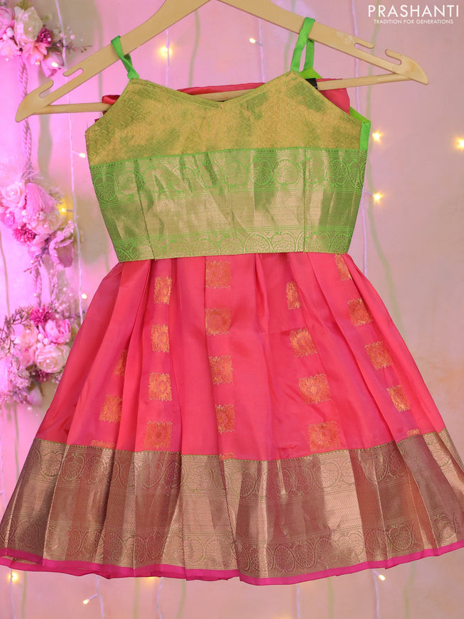 Silk kids lehenga green and pink with zari woven brocade weaves and zari buttas & zari woven border for 1-2 years