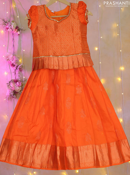 Silk kids lehenga orange with zari woven brocade weaves & lace work neck pattern and copper zari buttas & zari woven border for 6-7 years