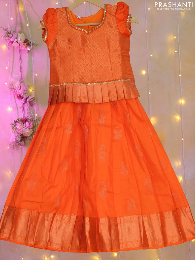 Silk kids lehenga orange with zari woven brocade weaves & lace work neck pattern and copper zari buttas & zari woven border for 6-7 years