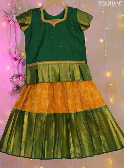 Silk kids lehenga dark green and mango yellow with aari work neck pattern and zari weaves & long zari woven border for 7-8 years