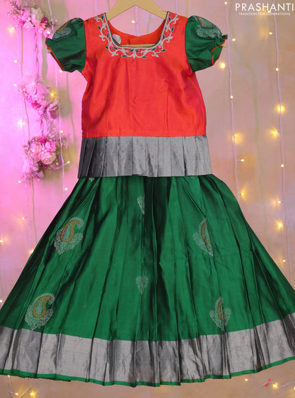 Silk kids lehenga dual shade of pinkish orange and green with aari work neck pattern and zari buttas & temple design zari woven border for 4-5 years