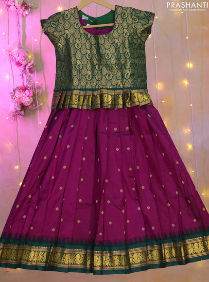 Silk kids lehenga dark green and purple with zari woven brocade weaves and zari buttas & temple design zari woven border for 6-7 years