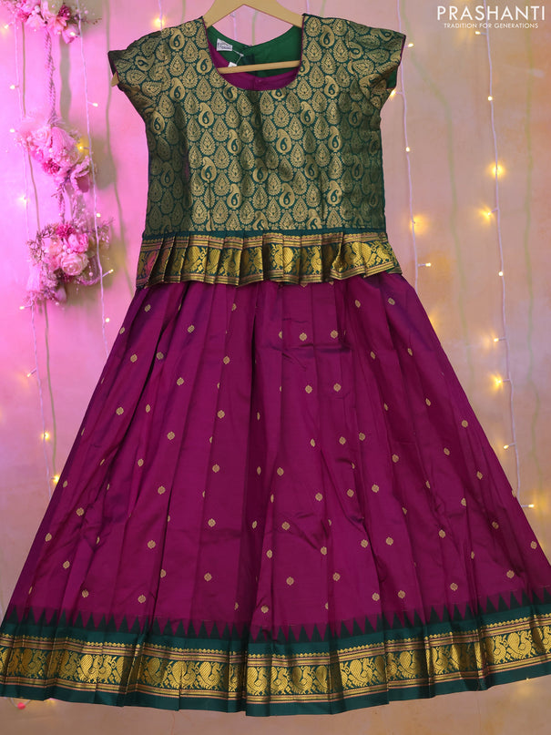 Silk kids lehenga dark green and purple with zari woven brocade weaves and zari buttas & temple design zari woven border for 6-7 years