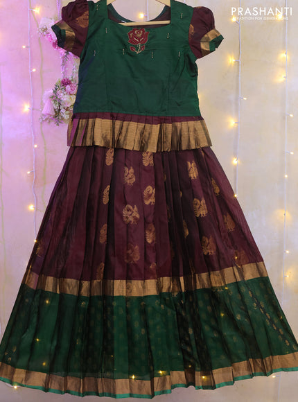 Silk kids lehenga green and deep maroon with aari work neck pattern and zari woven butta border for 8-9 years