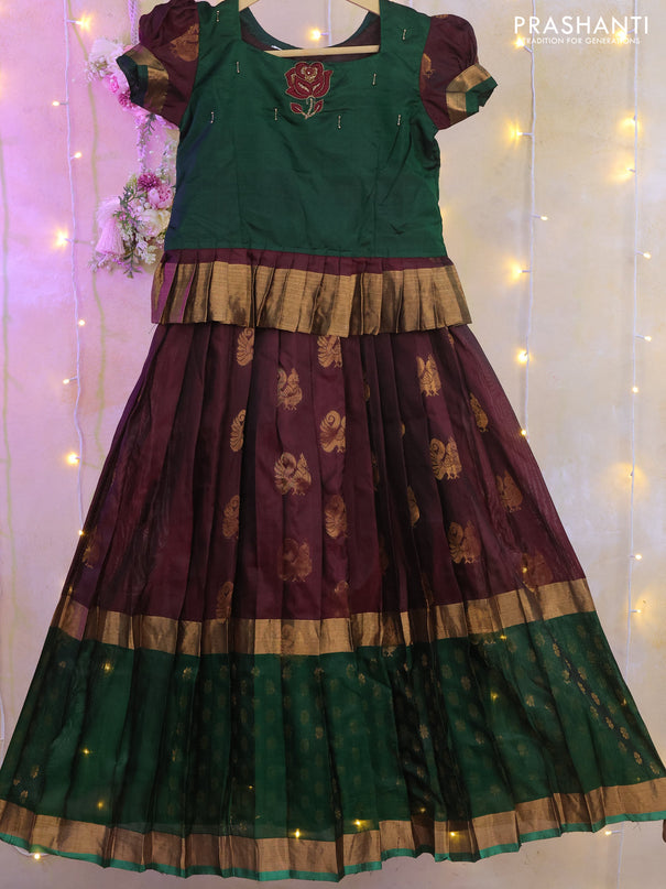 Silk kids lehenga green and deep maroon with aari work neck pattern and zari woven butta border for 8-9 years