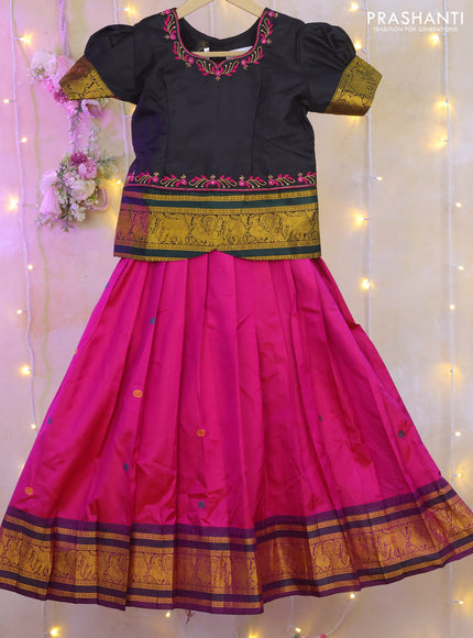 Silk kids lehenga black and pink with aari work neck pattern and thread woven border for 6-7 years