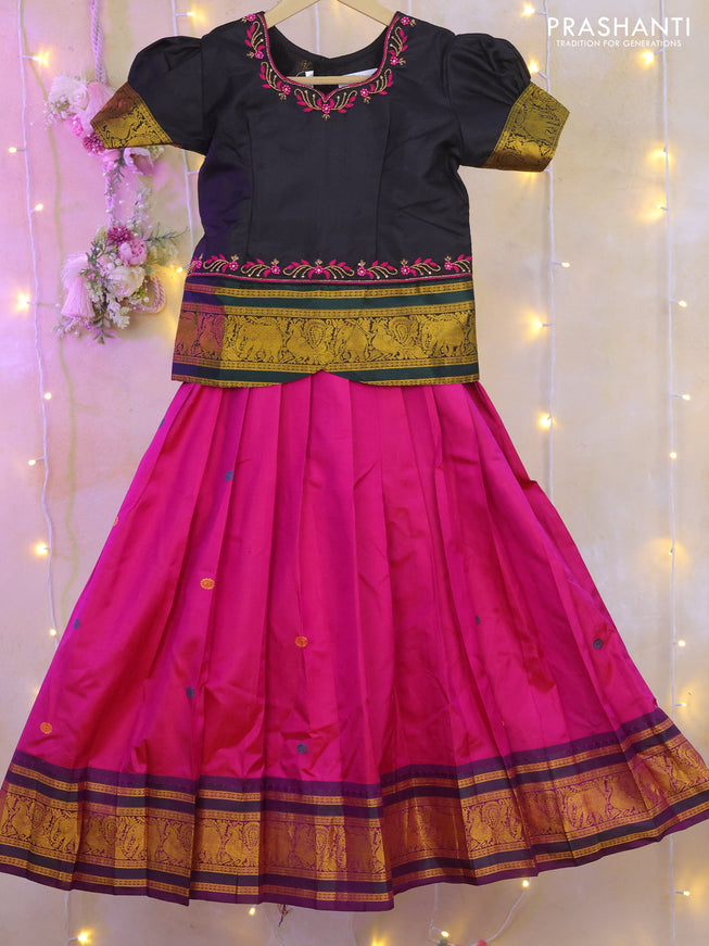 Silk kids lehenga black and pink with aari work neck pattern and thread woven border for 6-7 years