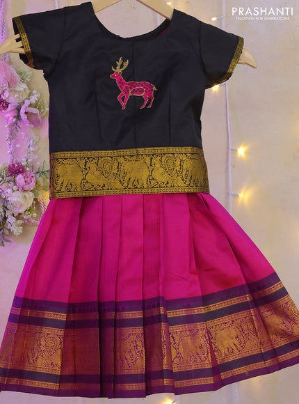 Silk kids lehenga black and pink with embroidery work butta neck style and thread woven border for 0-1 years